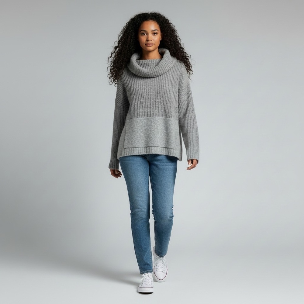 Wool Alpaca Blend Cowl Neck Gray Sweater - XL